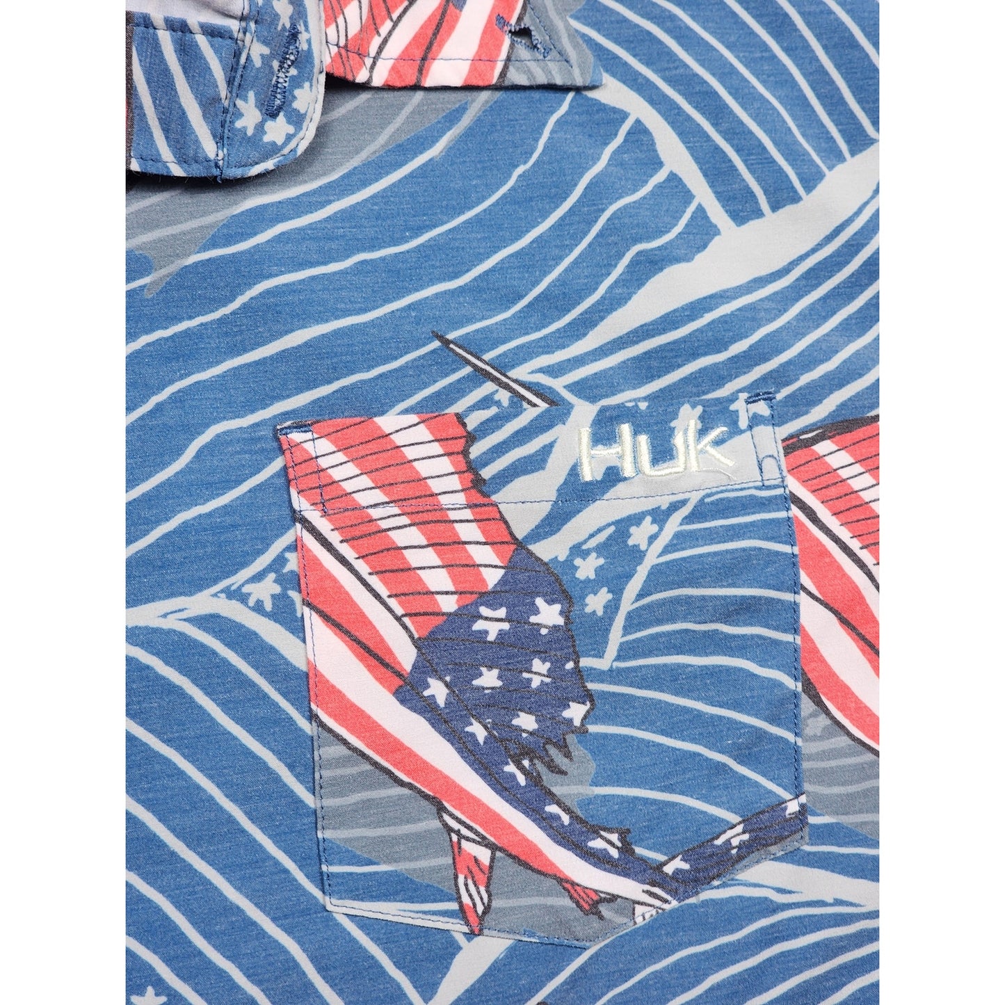 Huk Fishing Shirt Men Medium Patriotic Red White Blue Marlin Flags Button Down