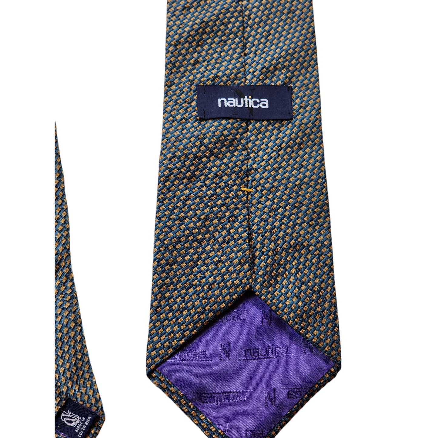 Nautica Mens Silk Tie Geometric Pattern Blue Gold Made Costa Rica Neckwear