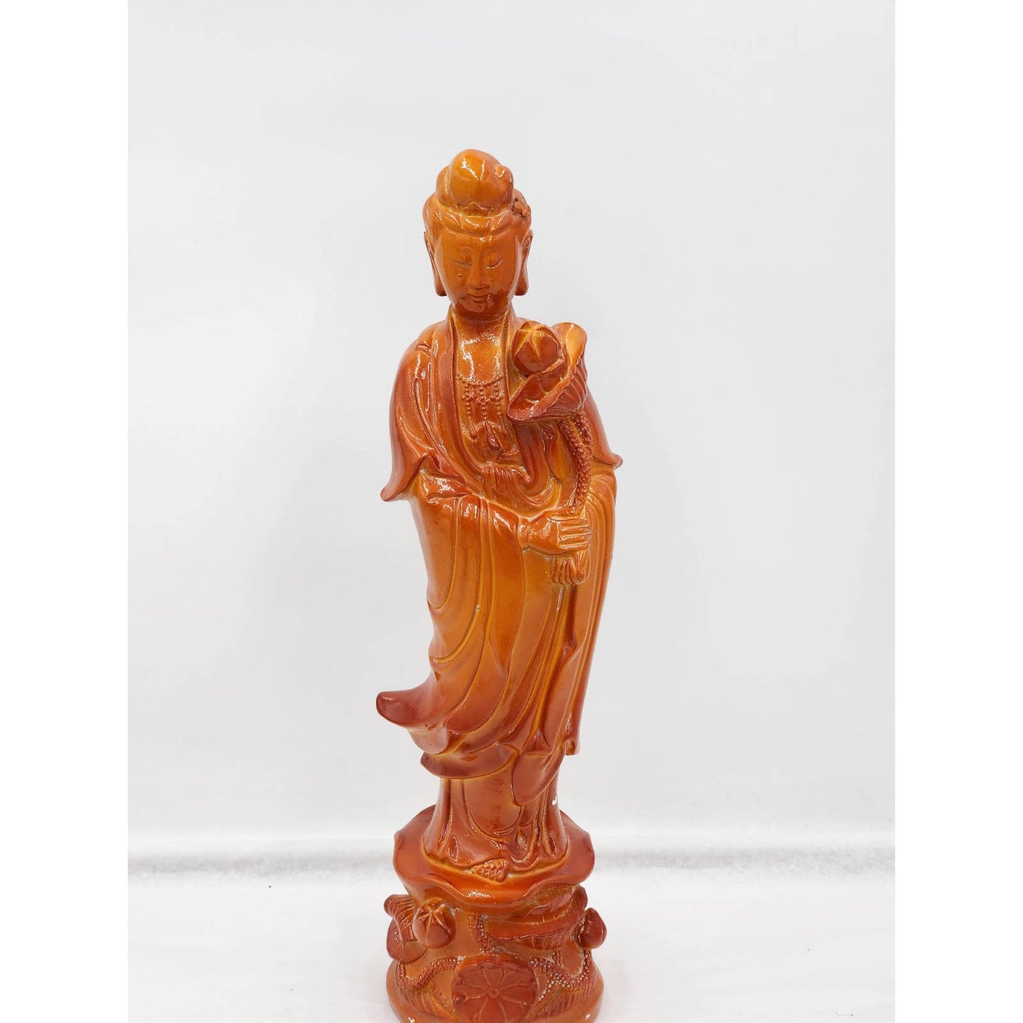 Guan Yin Goddess Statue Orange Bodhisattva Lotus Flower Deity Asian Buddhism 19"