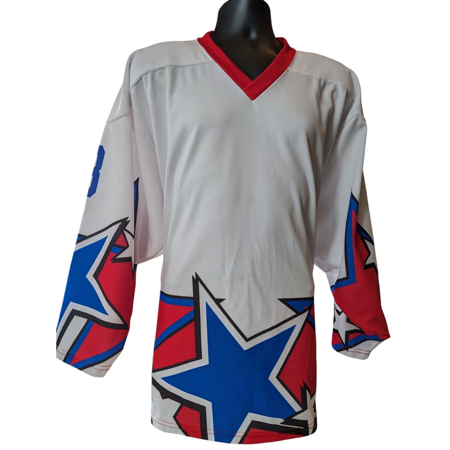 Projoy Hockey Jersey #8 Adult Large White Red Blue Stars Graphic Canada Vintage