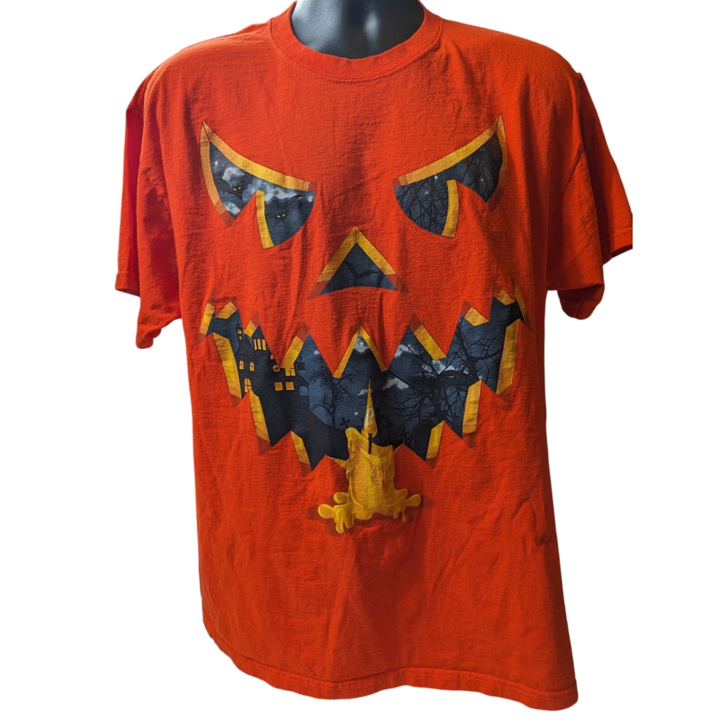 Jerzees Pumpkin Halloween Graphic Shirt Men Large Women XL Jack O Lantern Spooky