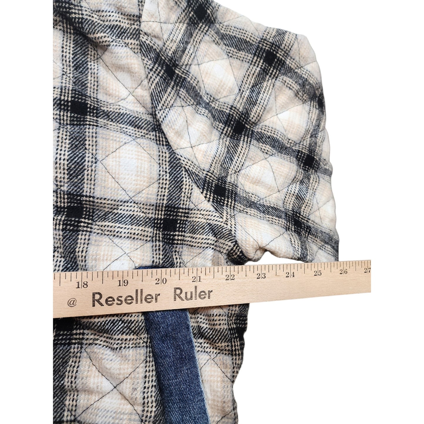 En Creme Quilted Plaid Denim Jacket Womens Medium Shacket Collar Snap Cozy Y2K