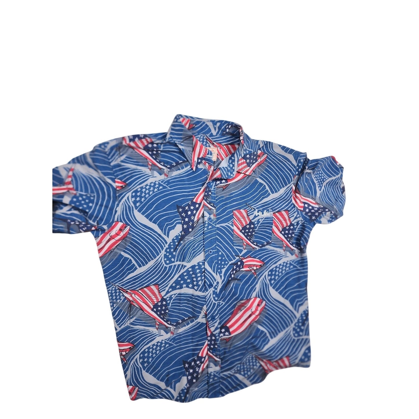 Huk Fishing Shirt Men Medium Patriotic Red White Blue Marlin Flags Button Down