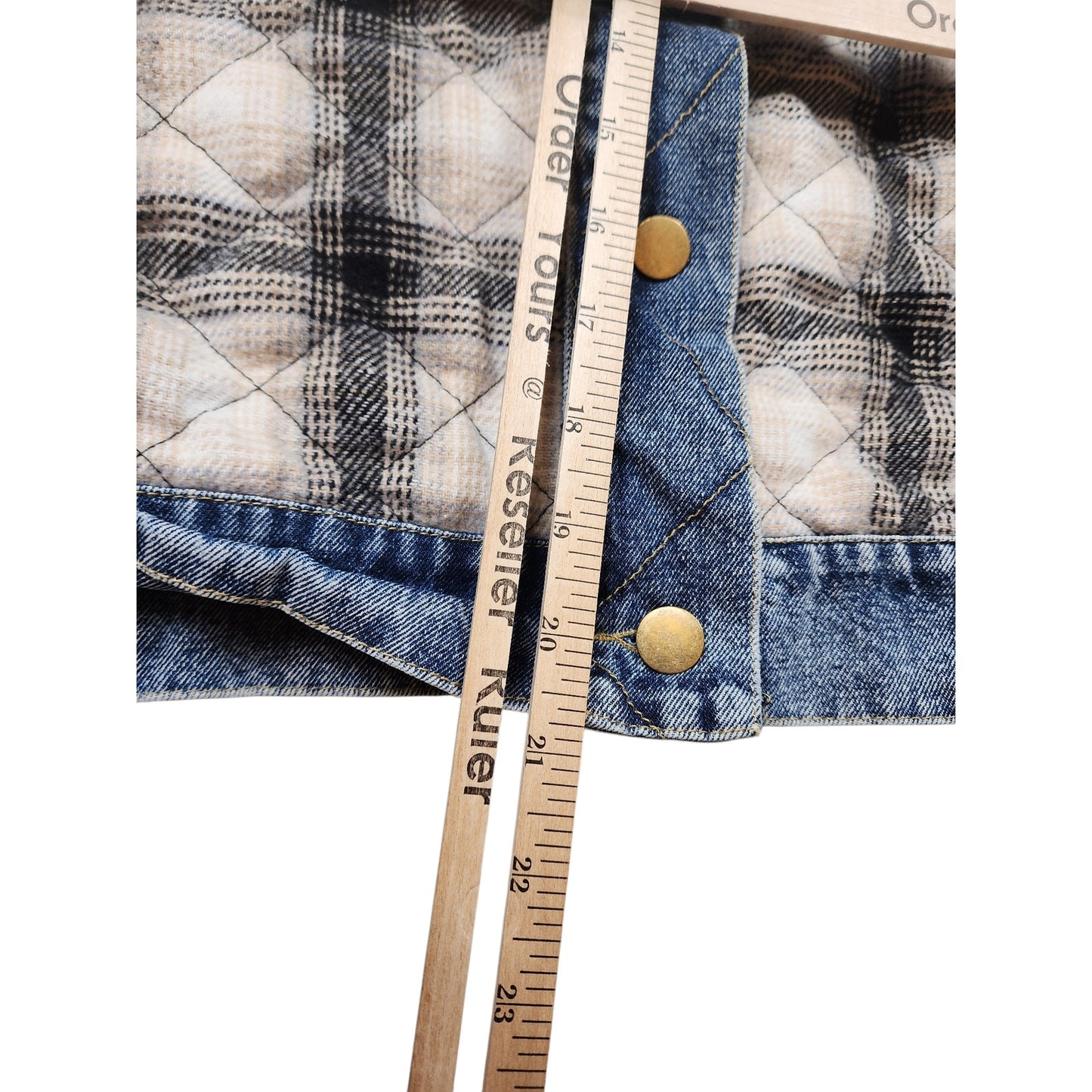 En Creme Quilted Plaid Denim Jacket Womens Medium Shacket Collar Snap Cozy Y2K
