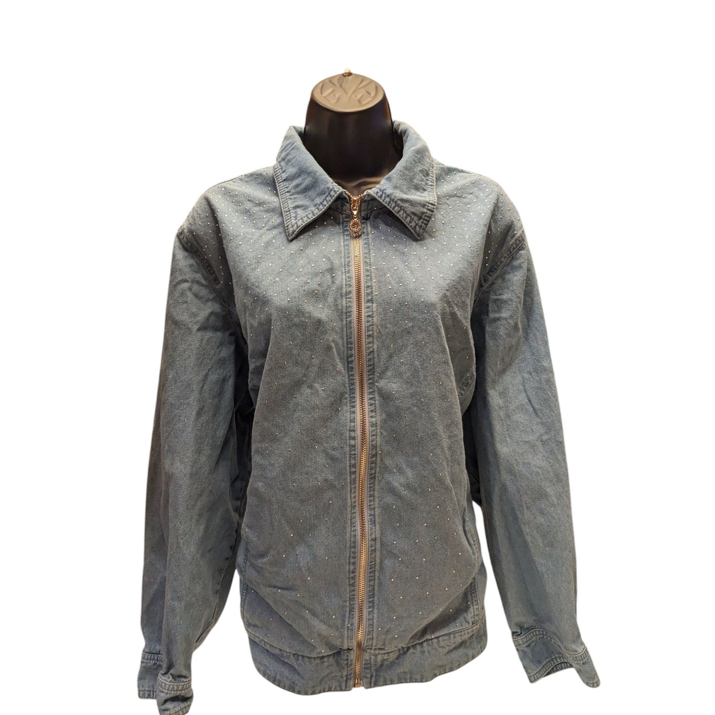 Cathy Daniels Denim Jacket Womens 1X Zip Front Blue Studded Cotton Spring