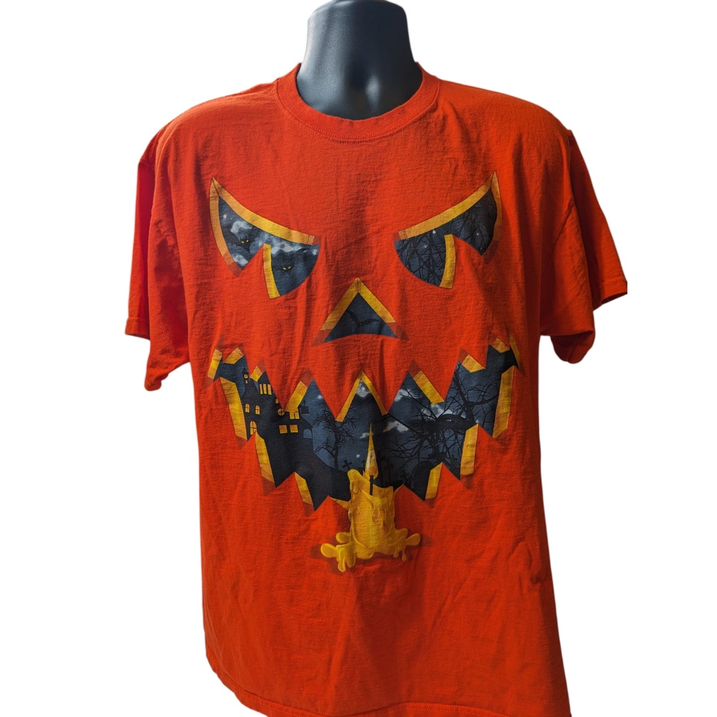 Jerzees Pumpkin Halloween Graphic Shirt Men Large Women XL Jack O Lantern Spooky
