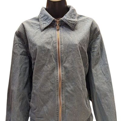 Cathy Daniels Denim Jacket Womens 1X Zip Front Blue Studded Cotton Spring