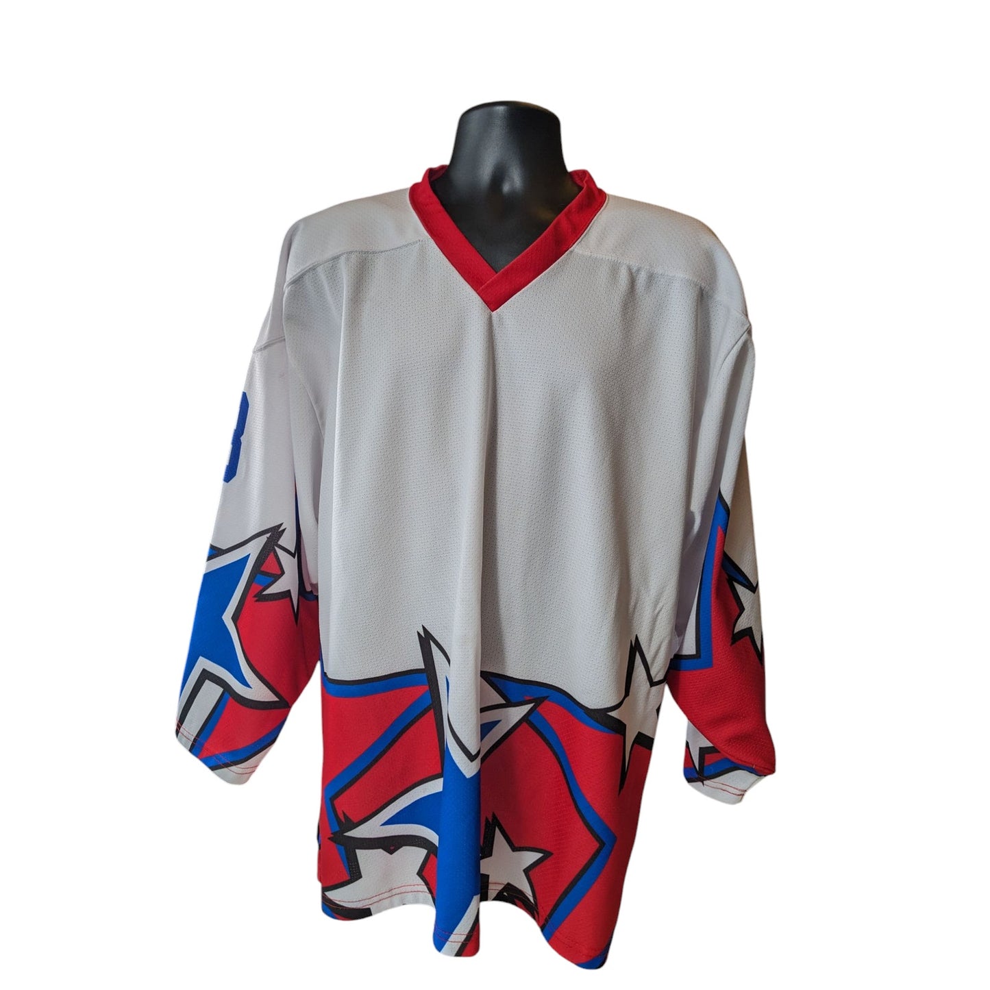 Projoy Hockey Jersey #8 Adult Large White Red Blue Stars Graphic Canada Vintage