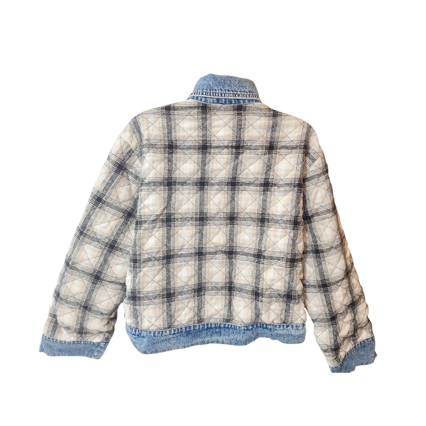 En Creme Quilted Plaid Denim Jacket Womens Medium Shacket Collar Snap Cozy Y2K
