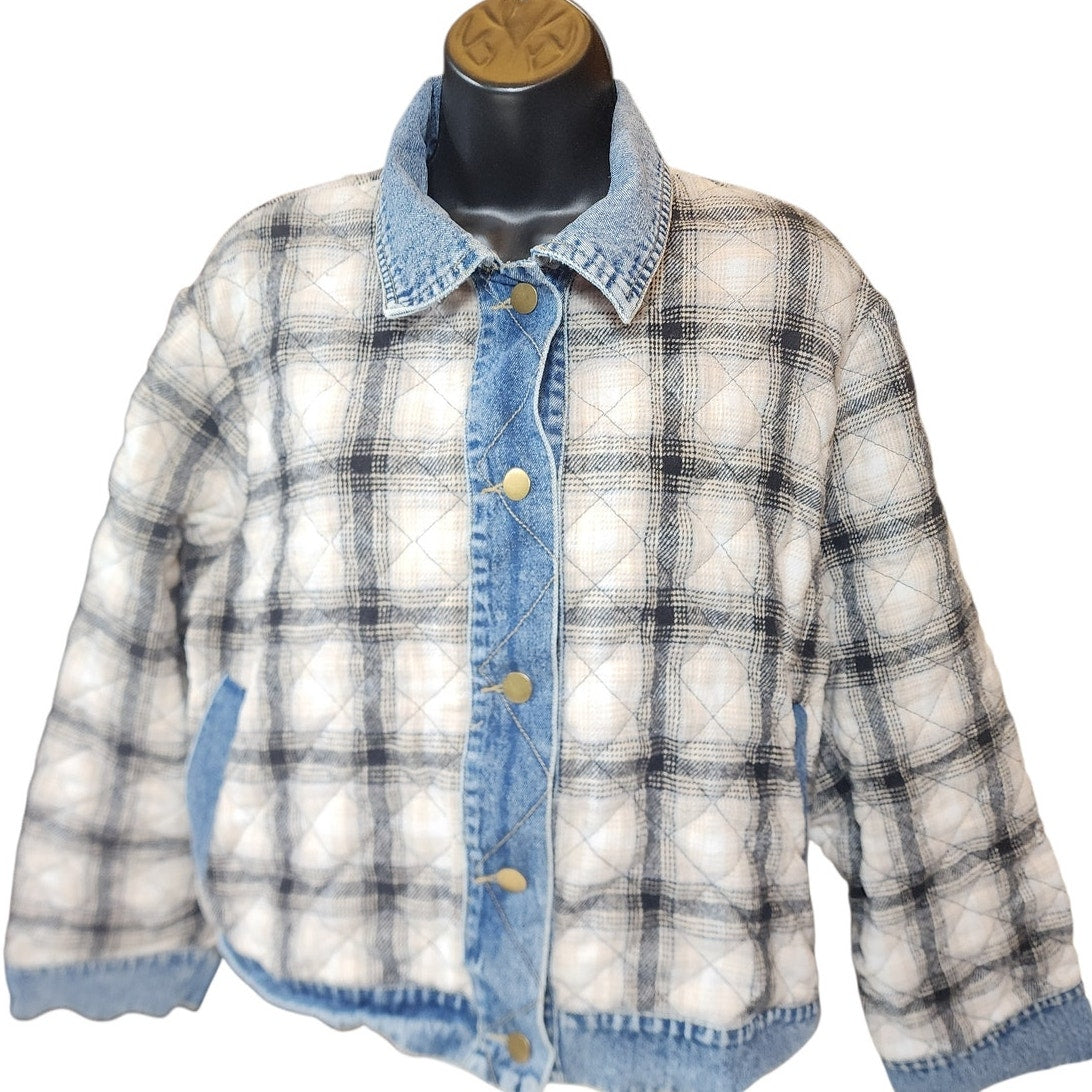 En Creme Quilted Plaid Denim Jacket Womens Medium Shacket Collar Snap Cozy Y2K