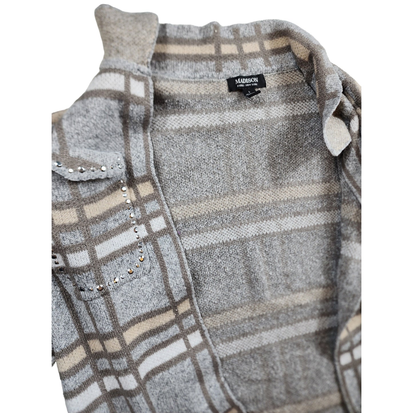 Madison Plaid Knit Cardigan Sweater Womens Large Open Front Layering Rhinestone