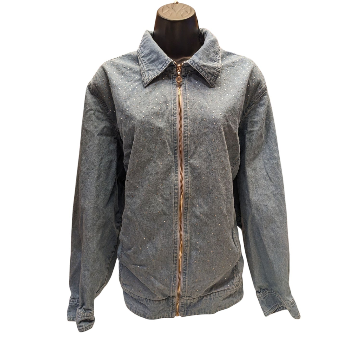 Cathy Daniels Denim Jacket Womens 1X Zip Front Blue Studded Cotton Spring