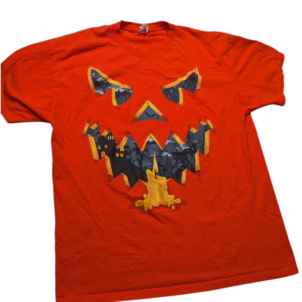 Jerzees Pumpkin Halloween Graphic Shirt Men Large Women XL Jack O Lantern Spooky