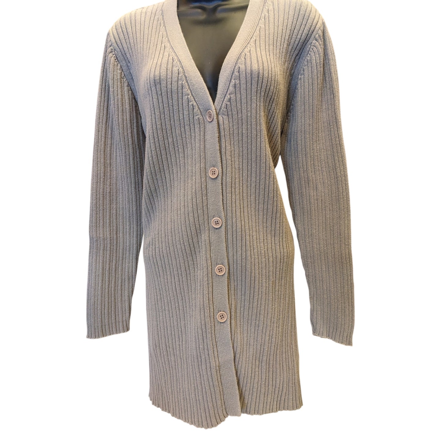 Andrea Behar Womens Large Beige Ribbed Knit Long Cardigan Sweater V Neck Cozy