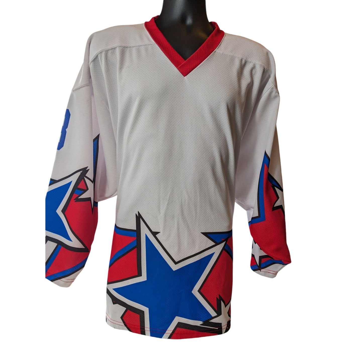 Projoy Hockey Jersey #8 Adult Large White Red Blue Stars Graphic Canada Vintage