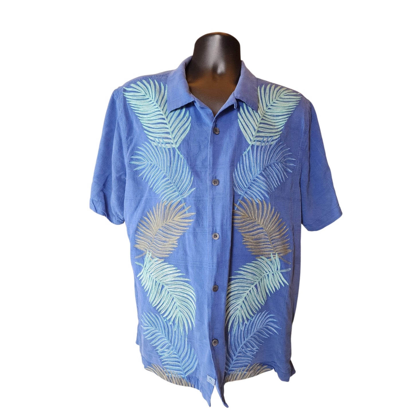 Tommy Bahama Silk Camp Shirt Large Palm Frond Aloha Top Island Vacation Hawaiian