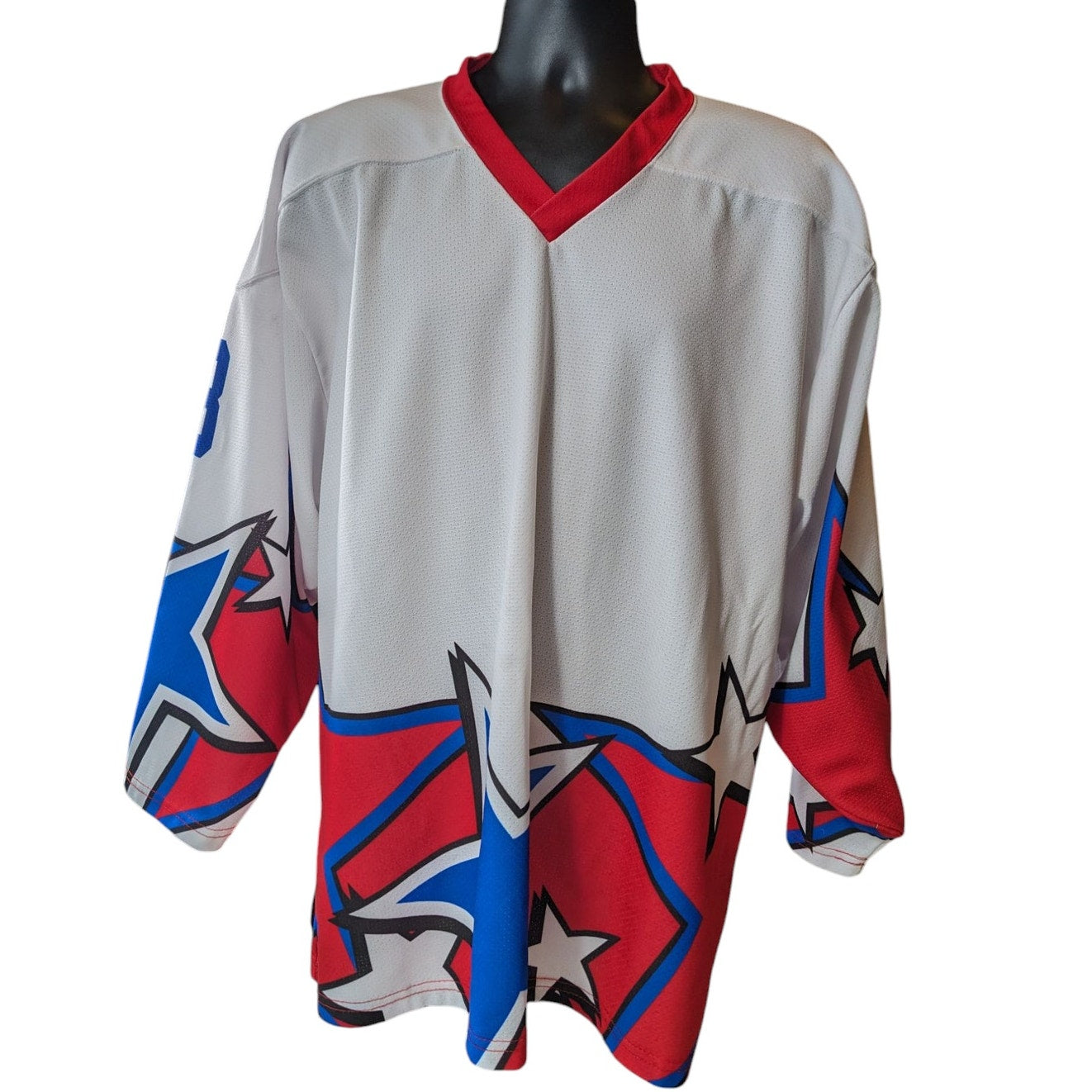 Projoy Hockey Jersey #8 Adult Large White Red Blue Stars Graphic Canada Vintage