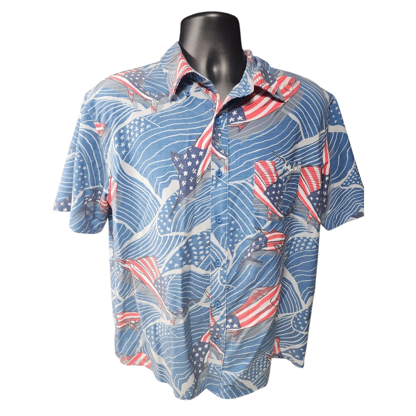 Huk Fishing Shirt Men Medium Patriotic Red White Blue Marlin Flags Button Down