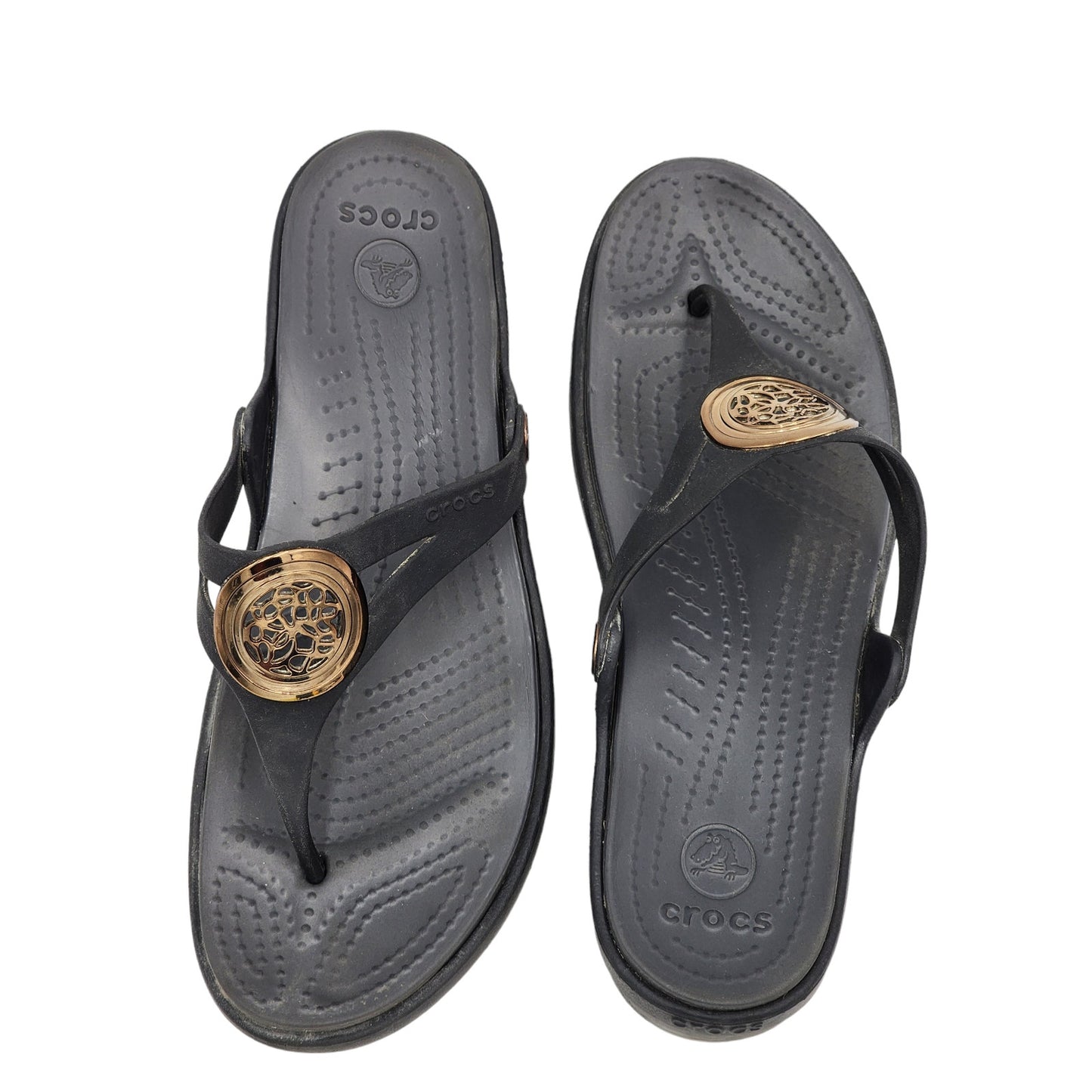 Crocs Sandals Womens 11 Black Capri V Flip Flop Gold Emblem Summer Beachwear