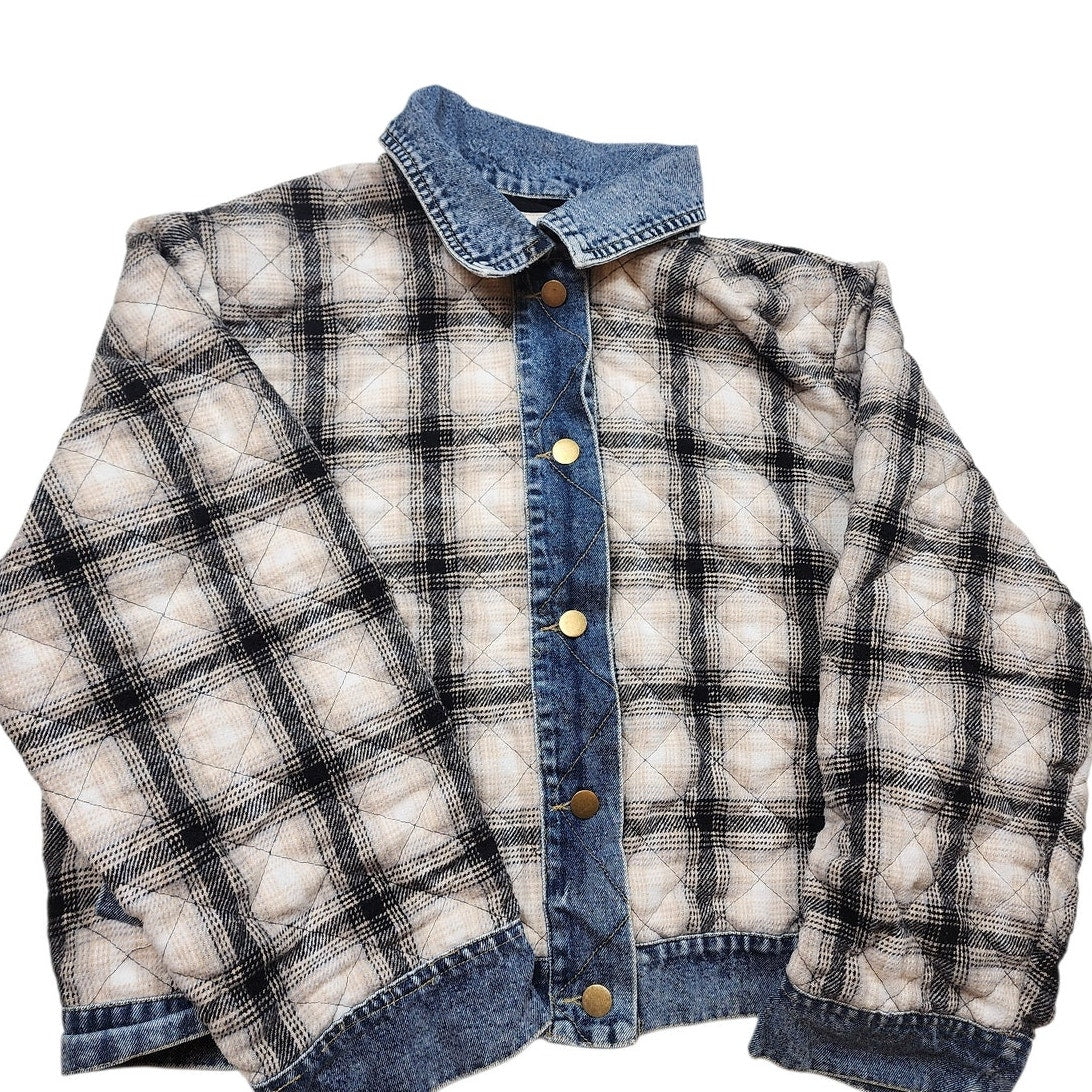 En Creme Quilted Plaid Denim Jacket Womens Medium Shacket Collar Snap Cozy Y2K