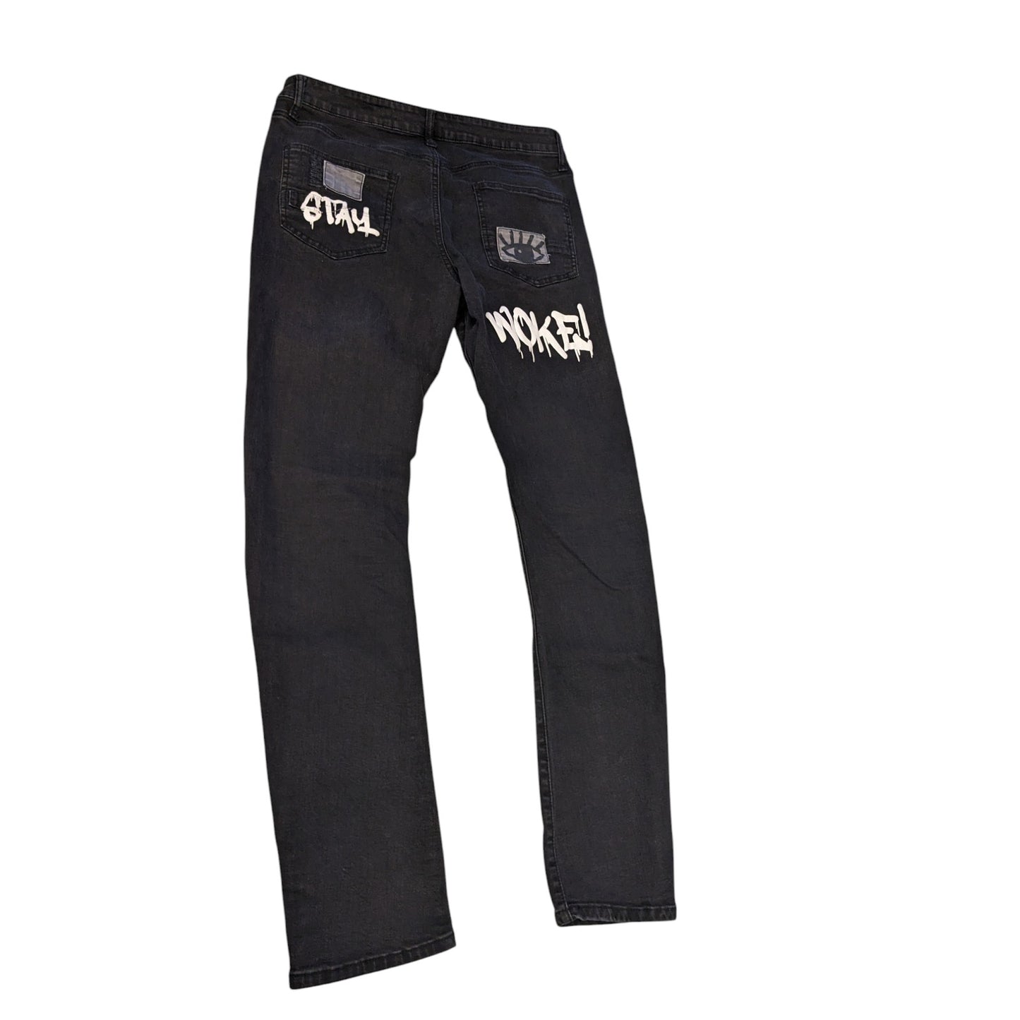 Rutherford Skinny Fit Jeans Mens 34 Distressed Graffiti Patches Streetwear Bold