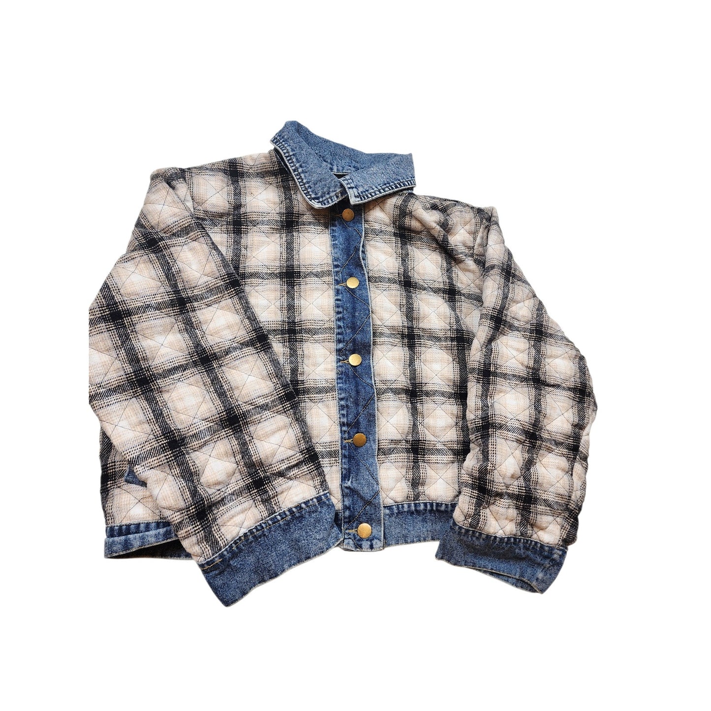 En Creme Quilted Plaid Denim Jacket Womens Medium Shacket Collar Snap Cozy Y2K