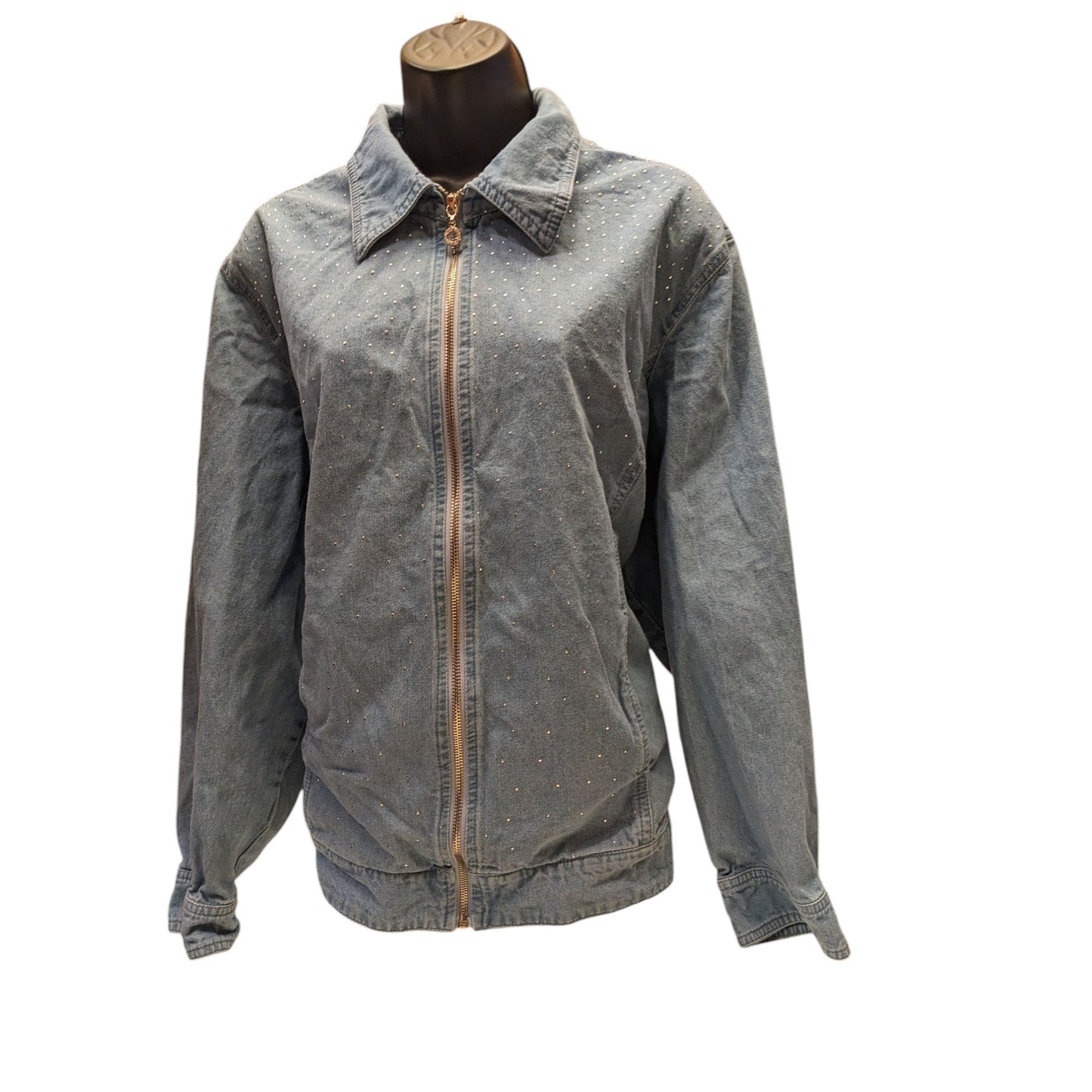 Cathy Daniels Denim Jacket Womens 1X Zip Front Blue Studded Cotton Spring