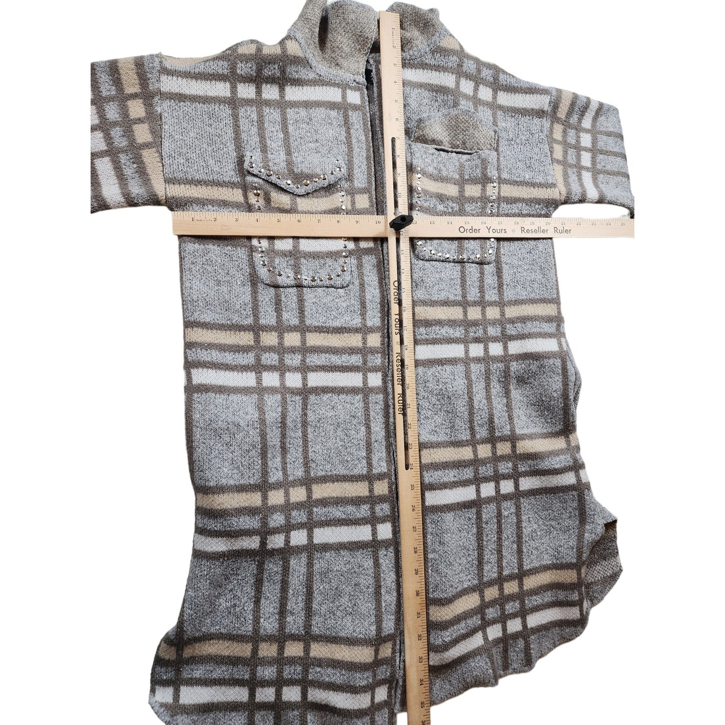 Madison Plaid Knit Cardigan Sweater Womens Large Open Front Layering Rhinestone