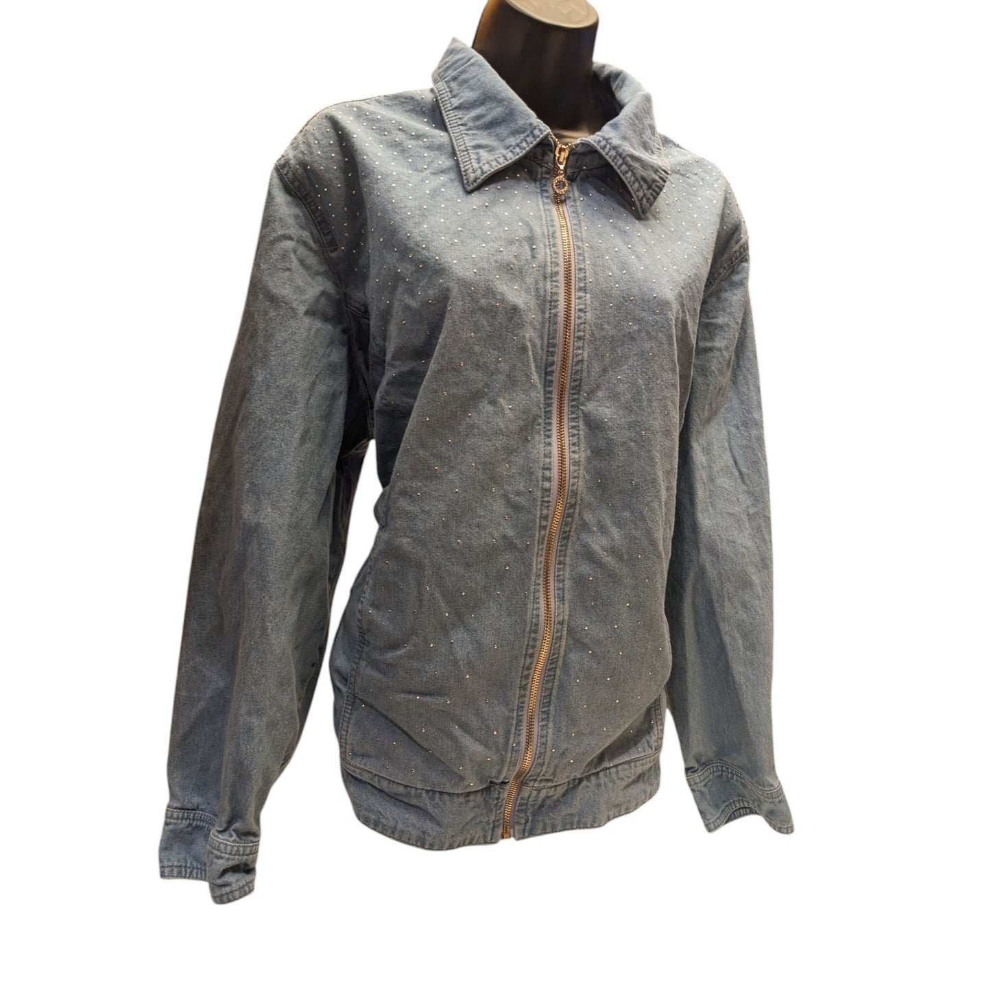 Cathy Daniels Denim Jacket Womens 1X Zip Front Blue Studded Cotton Spring