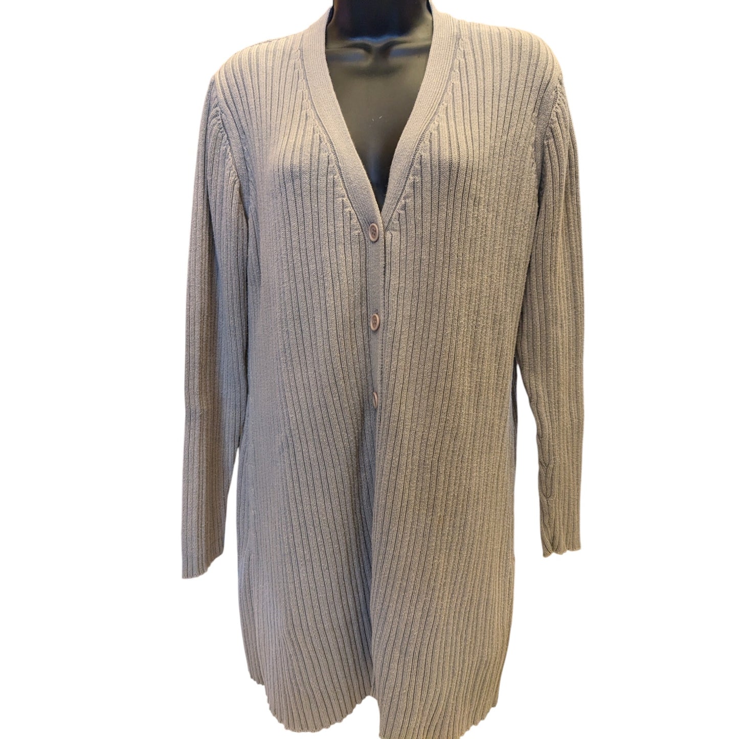 Andrea Behar Womens Large Beige Ribbed Knit Long Cardigan Sweater V Neck Cozy