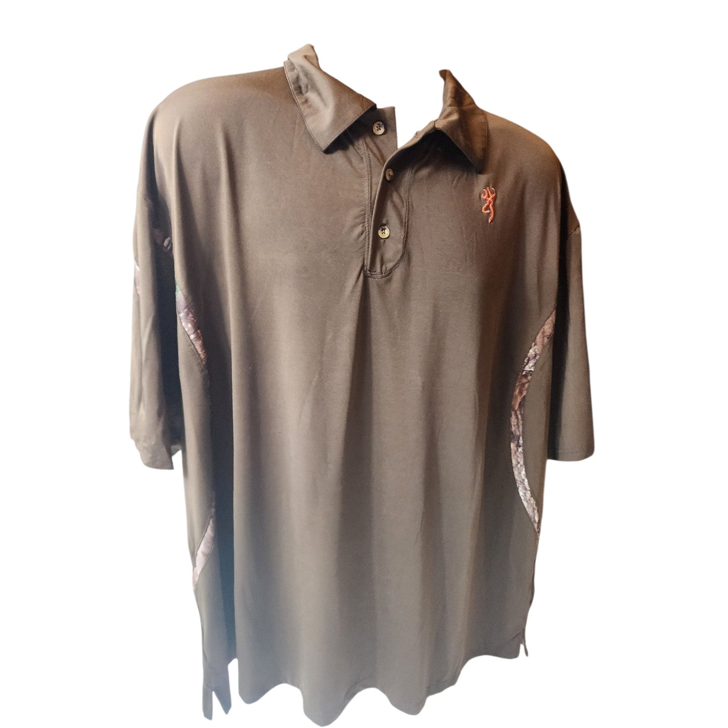 Browning Polo Shirt Mens 2XL Brown Performance Hunting Logo Camo Accents Short