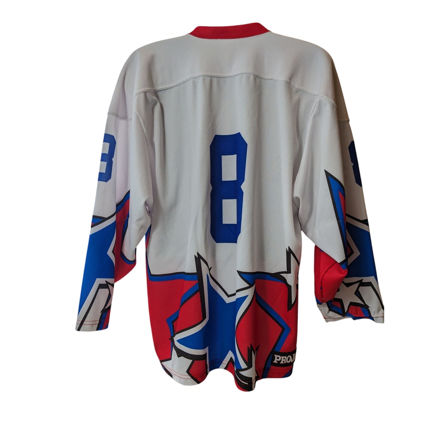Projoy Hockey Jersey #8 Adult Large White Red Blue Stars Graphic Canada Vintage