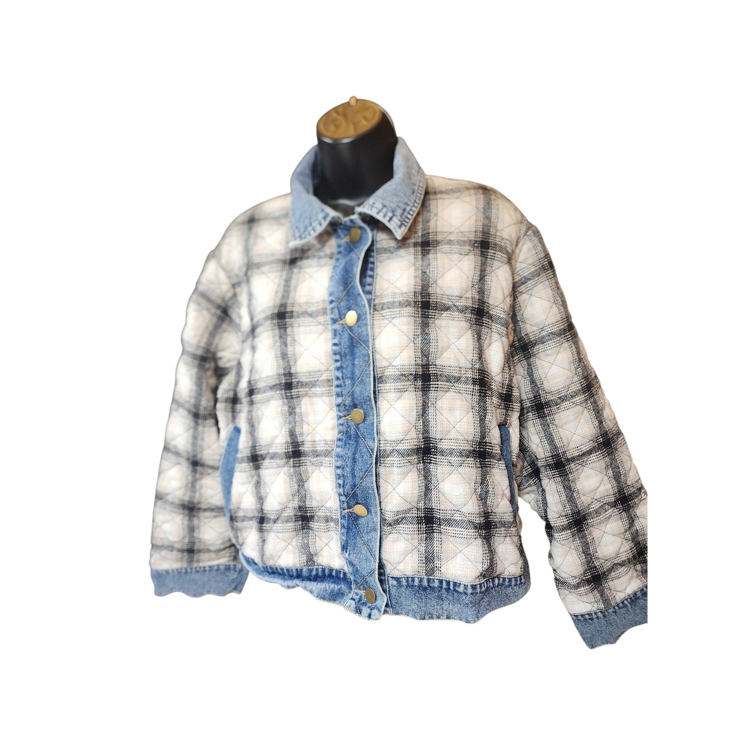 En Creme Quilted Plaid Denim Jacket Womens Medium Shacket Collar Snap Cozy Y2K