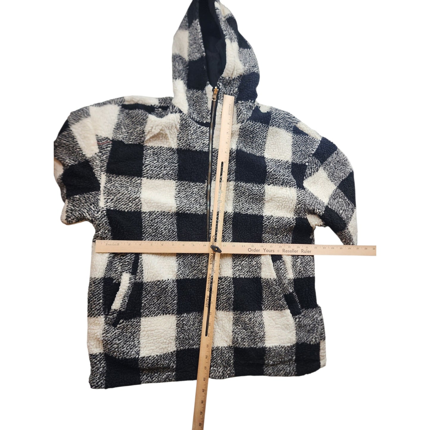 Buffalo Check Sherpa Fleece Jacket Large Black White Plaid Zip Hooded Coat Cozy