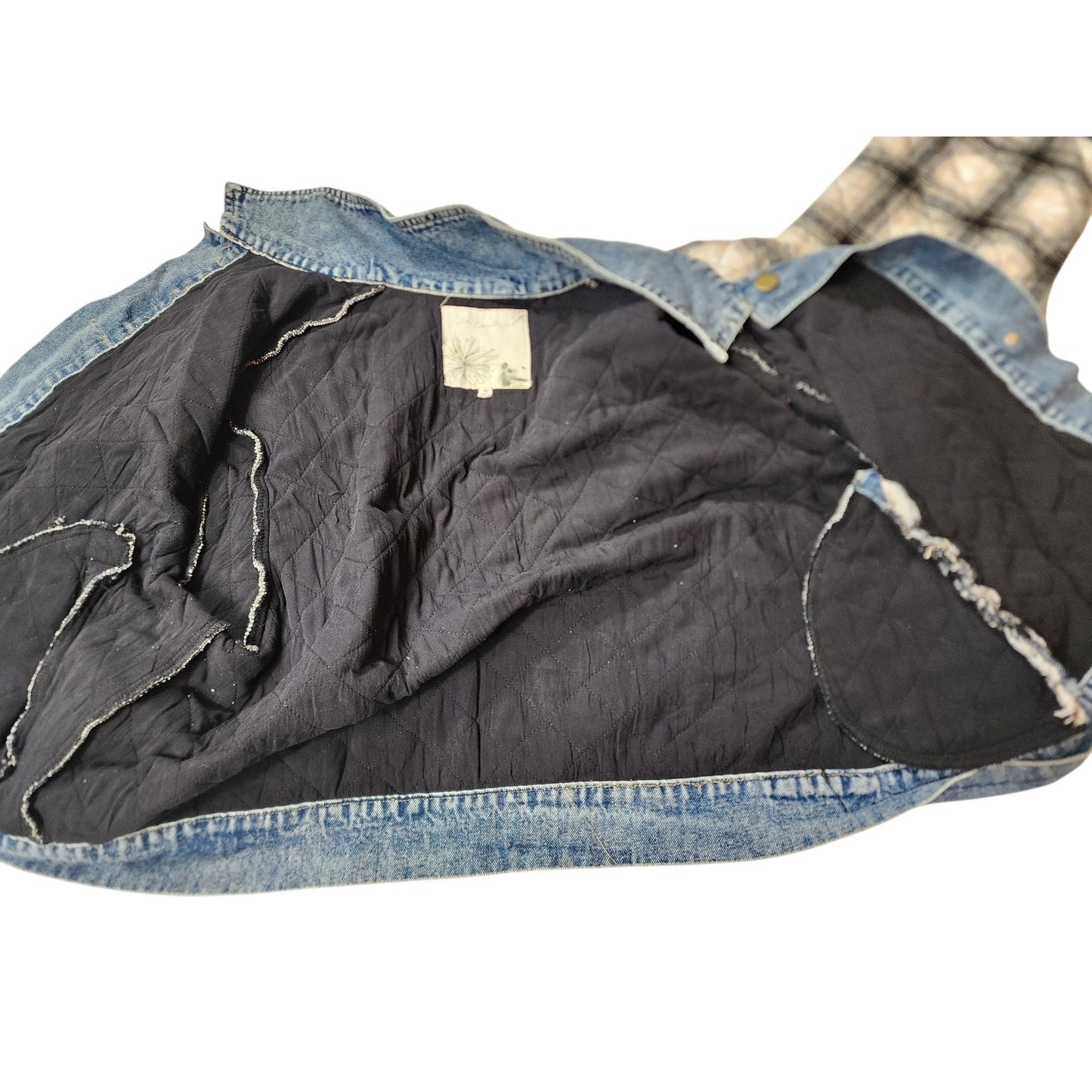 En Creme Quilted Plaid Denim Jacket Womens Medium Shacket Collar Snap Cozy Y2K