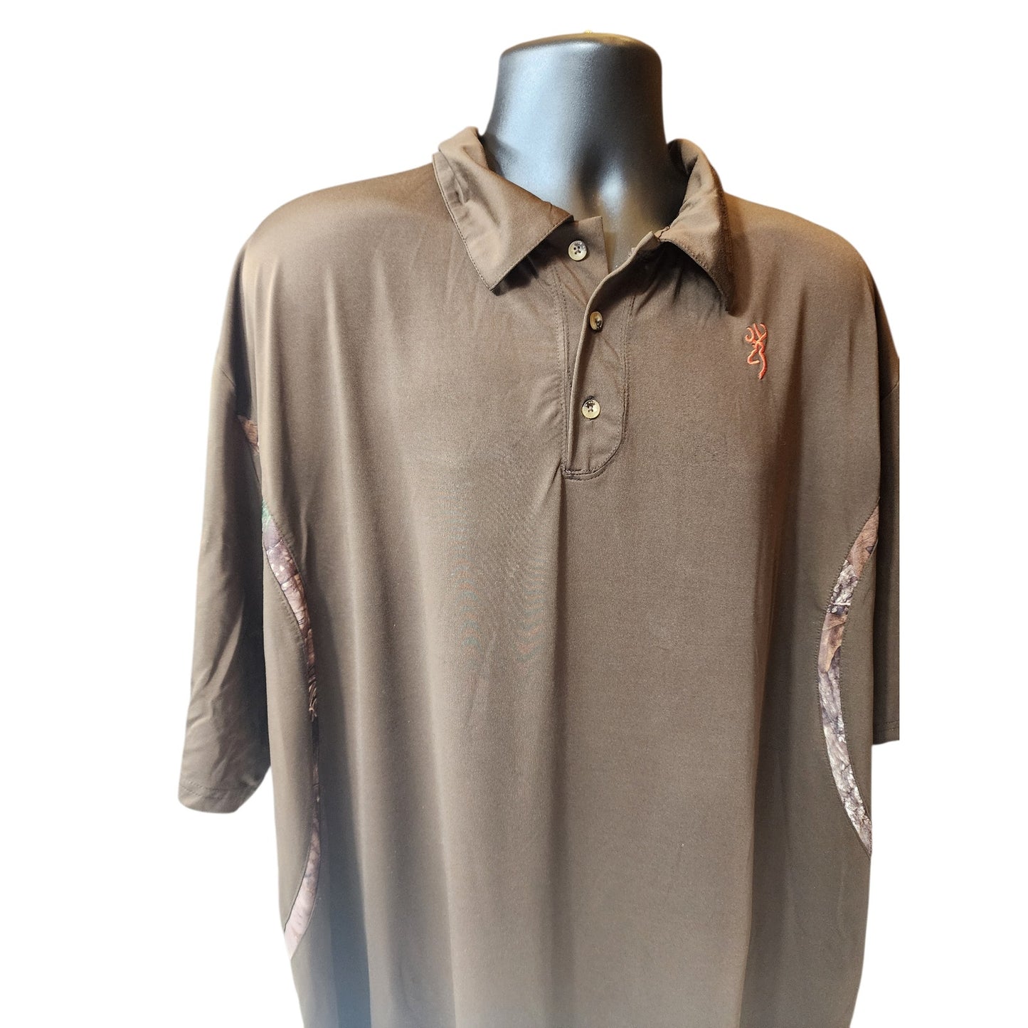 Browning Polo Shirt Mens 2XL Brown Performance Hunting Logo Camo Accents Short