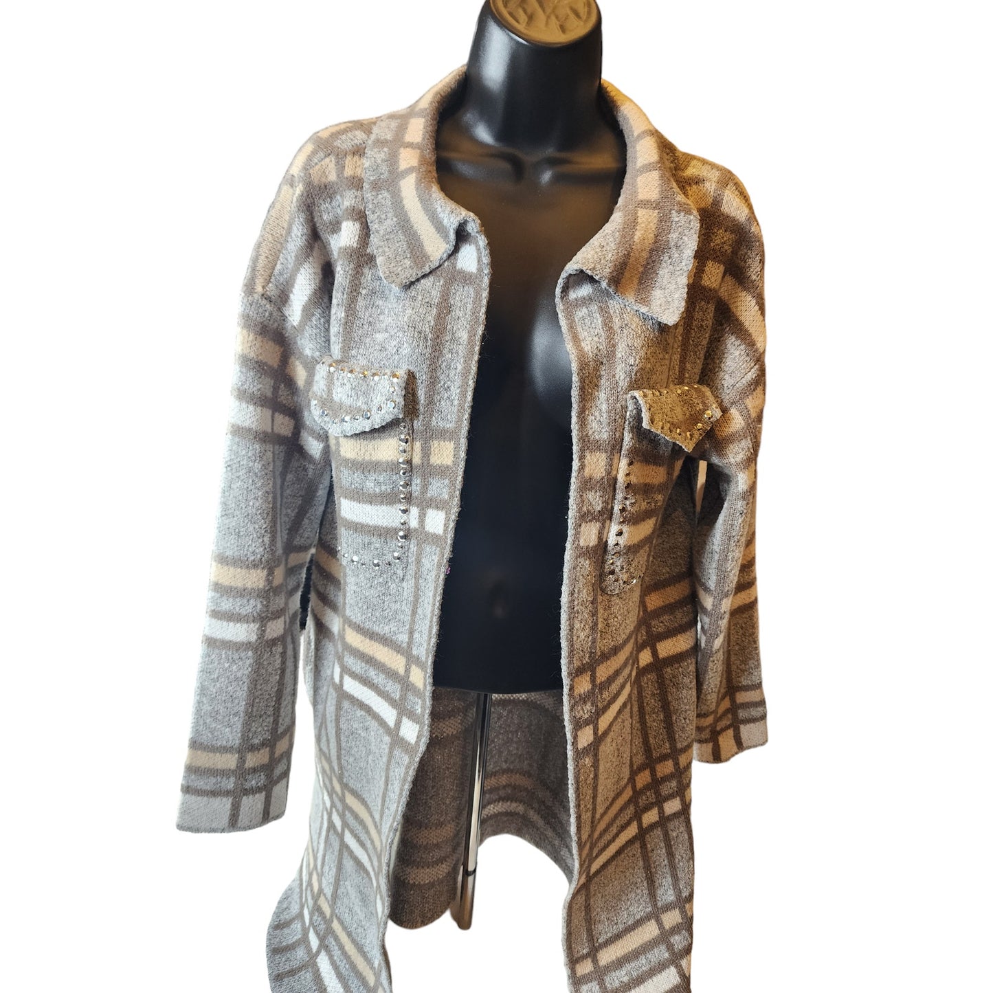 Madison Plaid Knit Cardigan Sweater Womens Large Open Front Layering Rhinestone