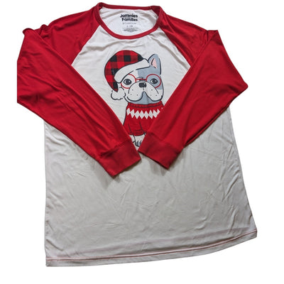 Cuddl Duds Bulldog Mens Large Jammies Christmas Pajama Shirt Red Long Sleeve Top