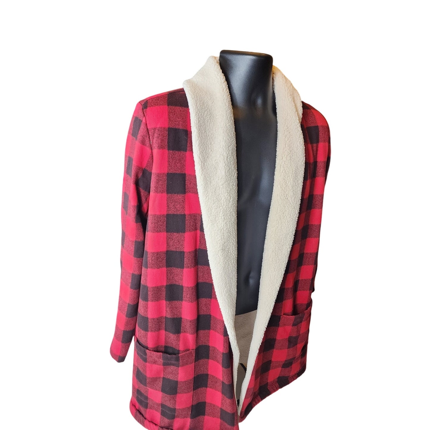 Eddie Bauer Buffalo Plaid Sherpa Lined Open Jacket Medium Cabin Flannel Shacket