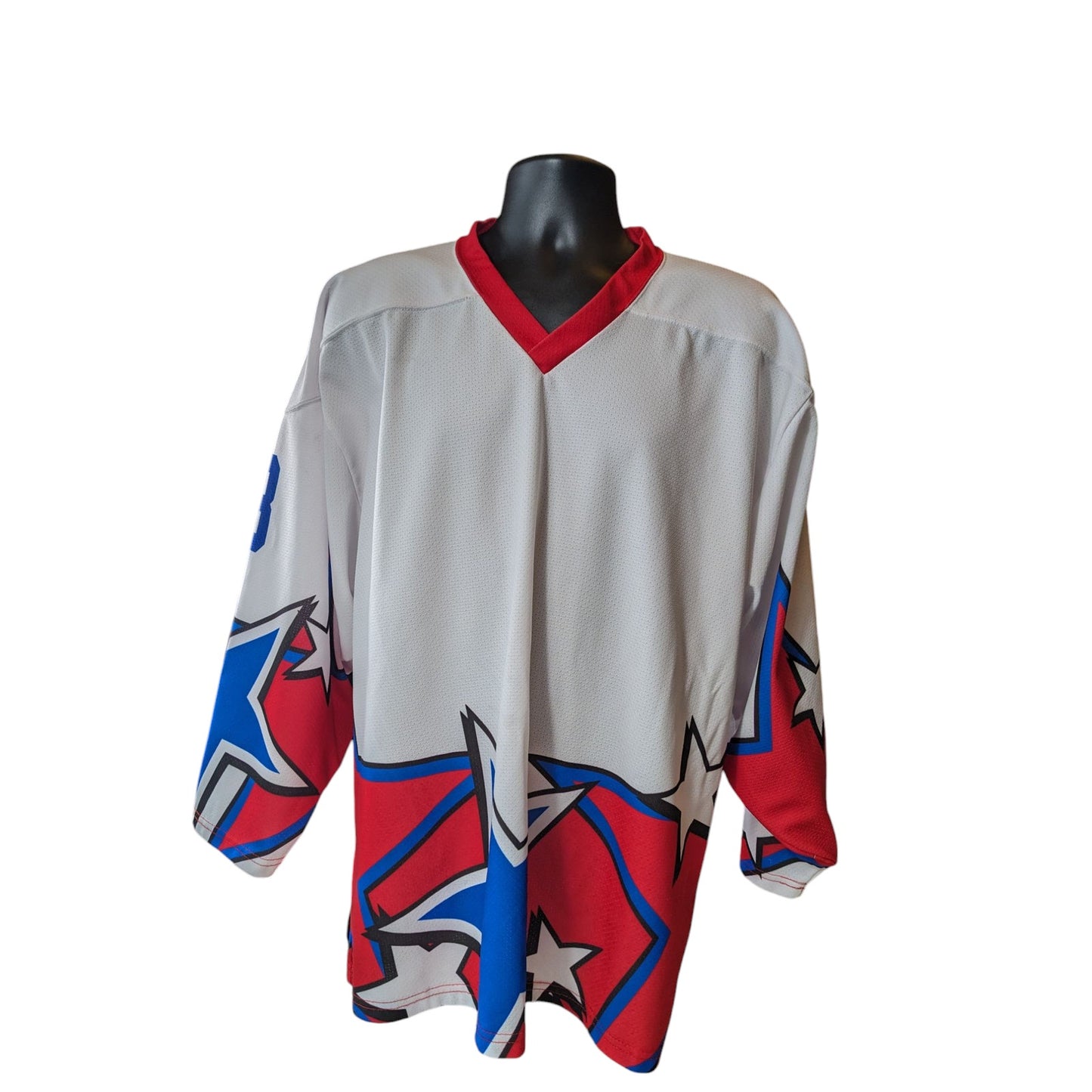 Projoy Hockey Jersey #8 Adult Large White Red Blue Stars Graphic Canada Vintage