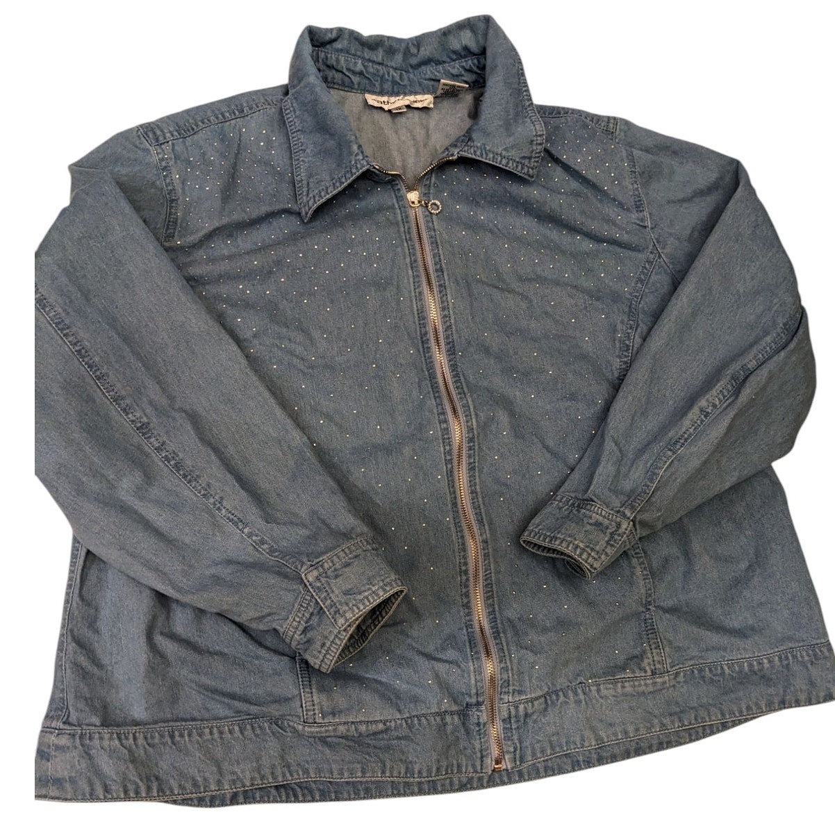 Cathy Daniels Denim Jacket Womens 1X Zip Front Blue Studded Cotton Spring