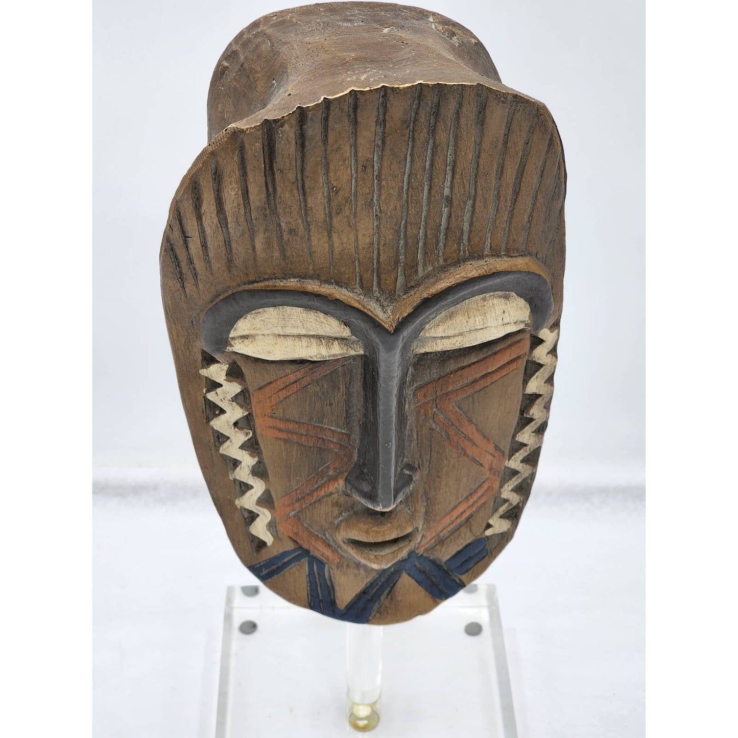 African Mask Lucite Stand Tribal Display Home Decor Art Oblong Oval Standing 17"