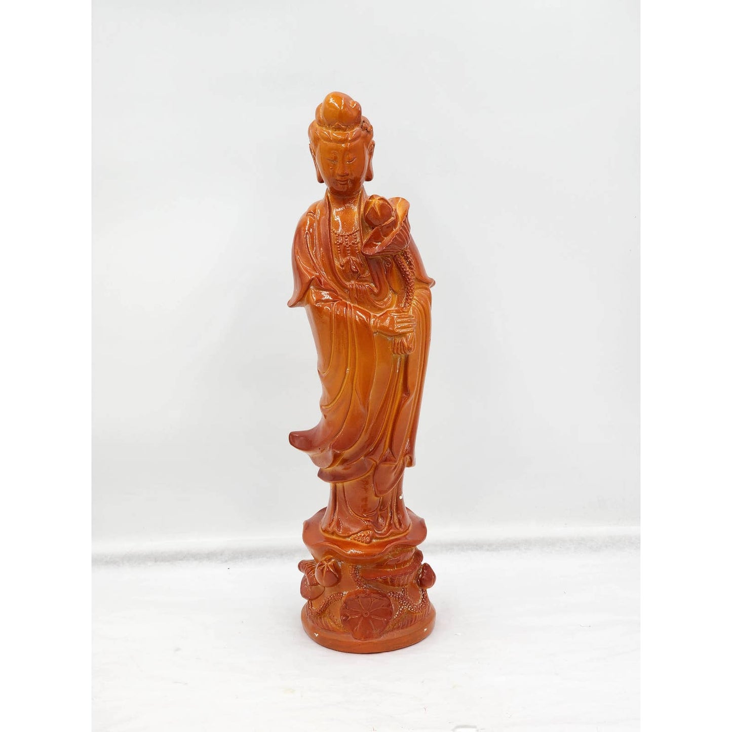 Guan Yin Goddess Statue Orange Bodhisattva Lotus Flower Deity Asian Buddhism 19"