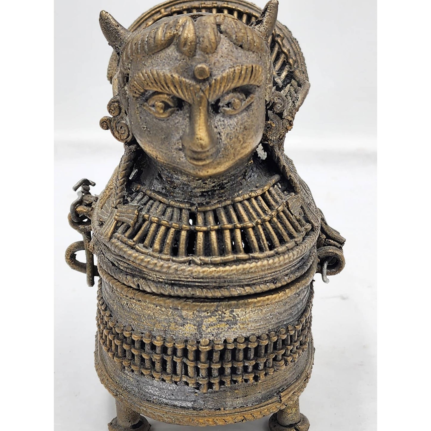 Old Jewelry Box Bronze India Art Hinged Footed Storage Trinket Hindu Kamdhenu