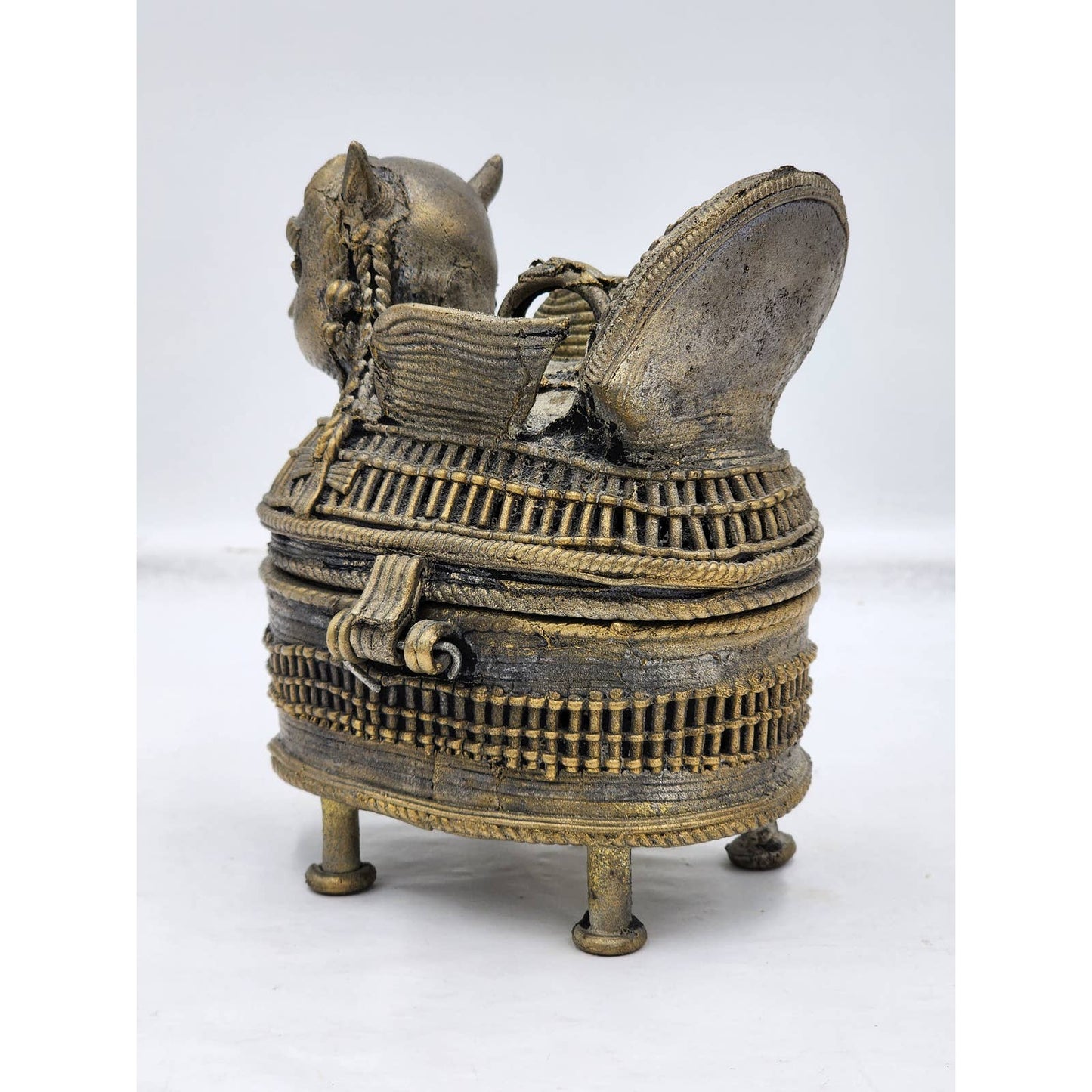 Old Jewelry Box Bronze India Art Hinged Footed Storage Trinket Hindu Kamdhenu