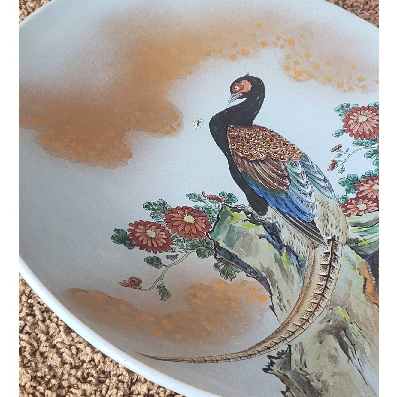 Large Asian Decorative Peacock Plate 15" W/Box Heian Kurita Hiroshige Mt Kyoumi