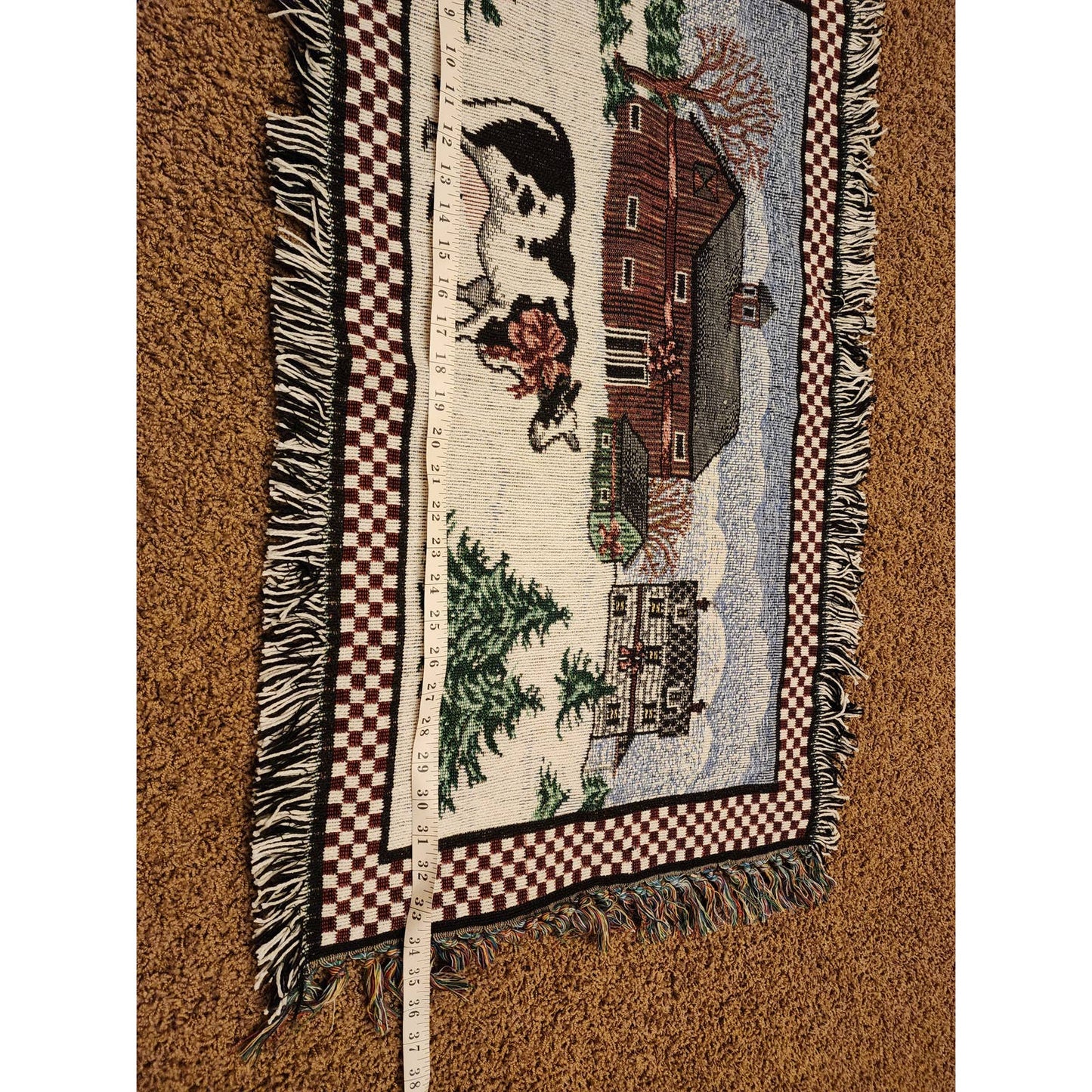 Vintage Tapestry Rug Country Christmas Cow Barn Rustic Farmhouse Table 20x36