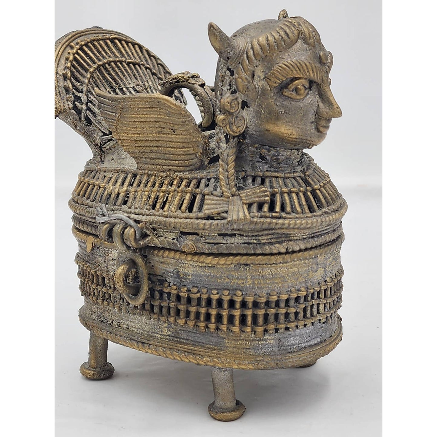 Old Jewelry Box Bronze India Art Hinged Footed Storage Trinket Hindu Kamdhenu