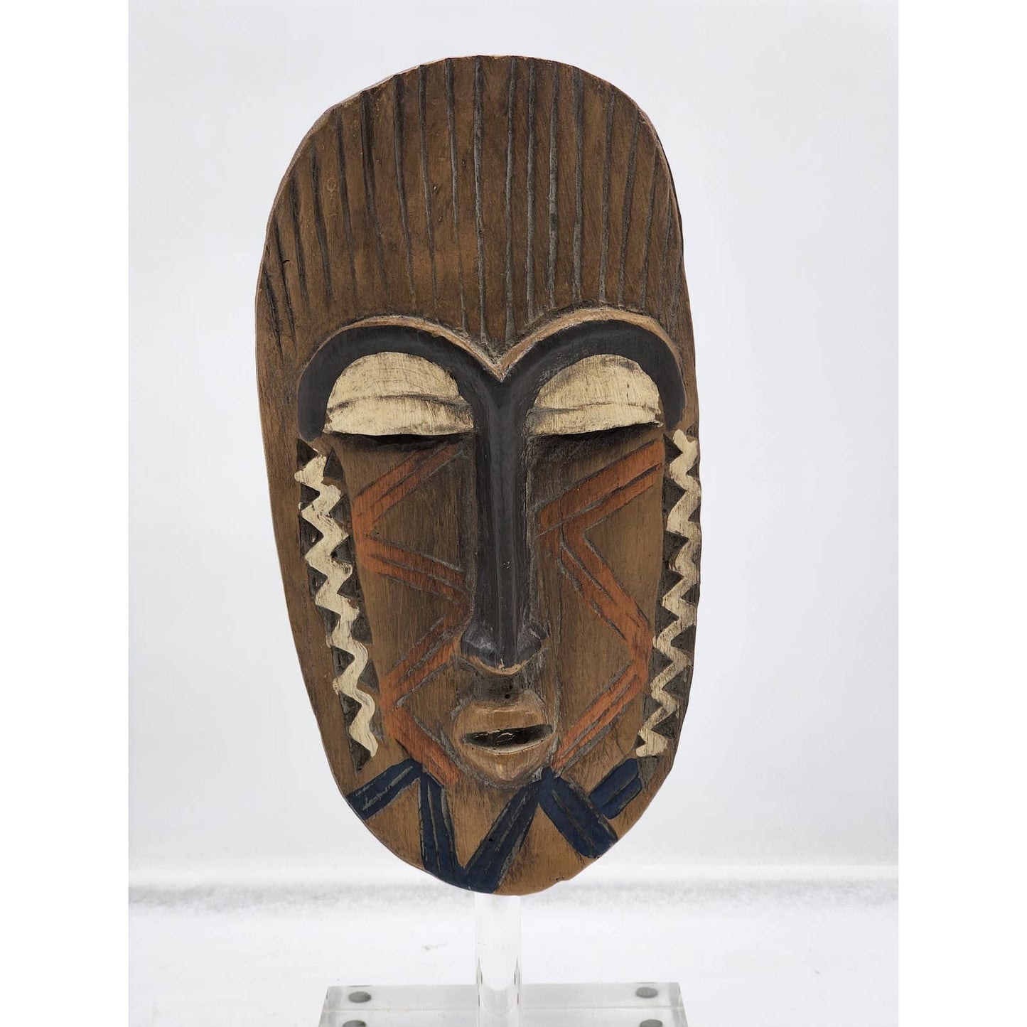 African Mask Lucite Stand Tribal Display Home Decor Art Oblong Oval Standing 17"