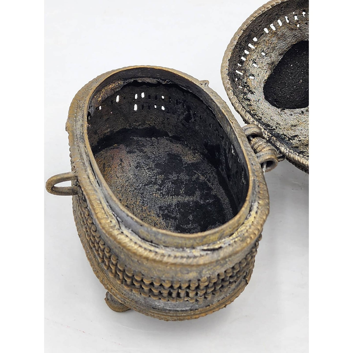 Old Jewelry Box Bronze India Art Hinged Footed Storage Trinket Hindu Kamdhenu